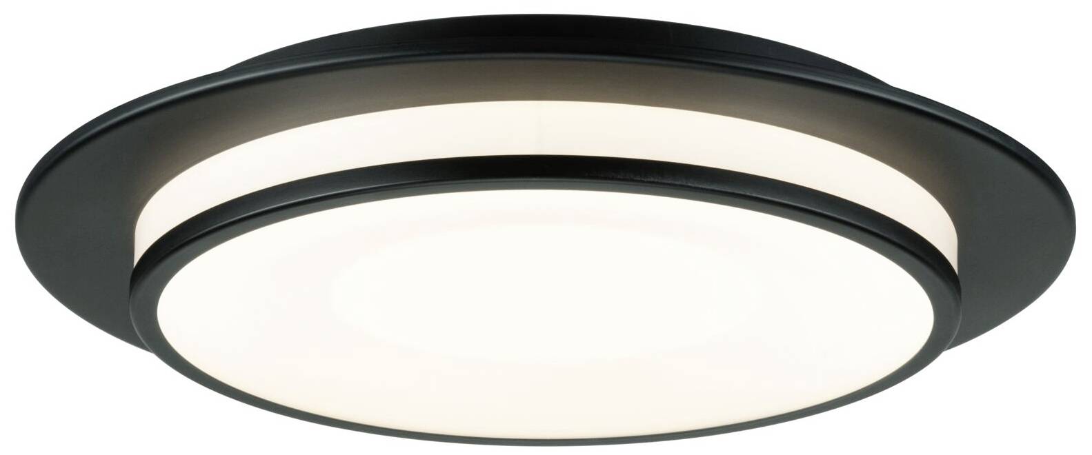 Platt, svart taklampa med runt, lysande LED-panel i mitten.