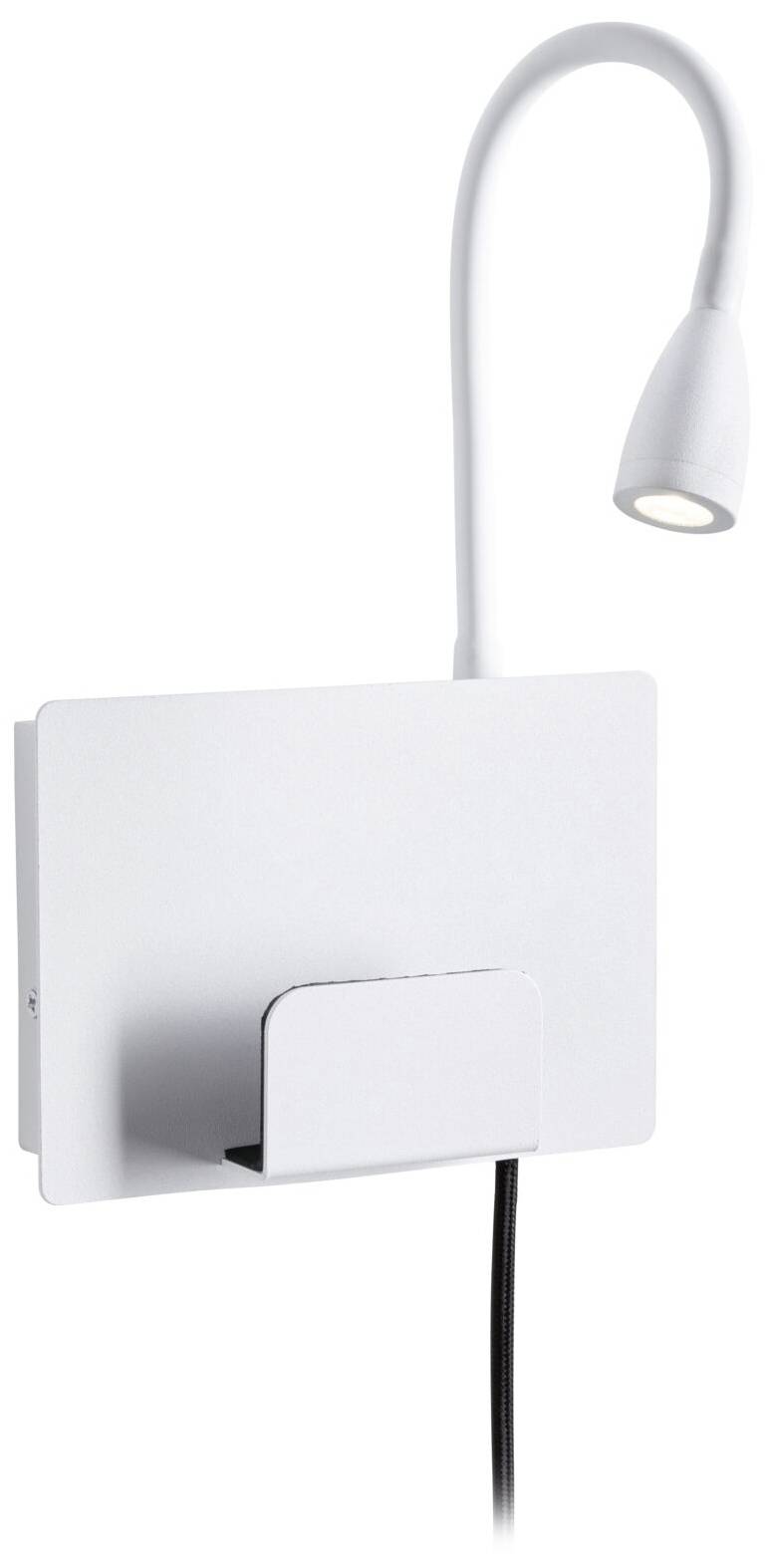Vit vägglampa med flexibel hals och integrerad förvaringshylla. Elegant, modernt design med fokus på läsbelysning.