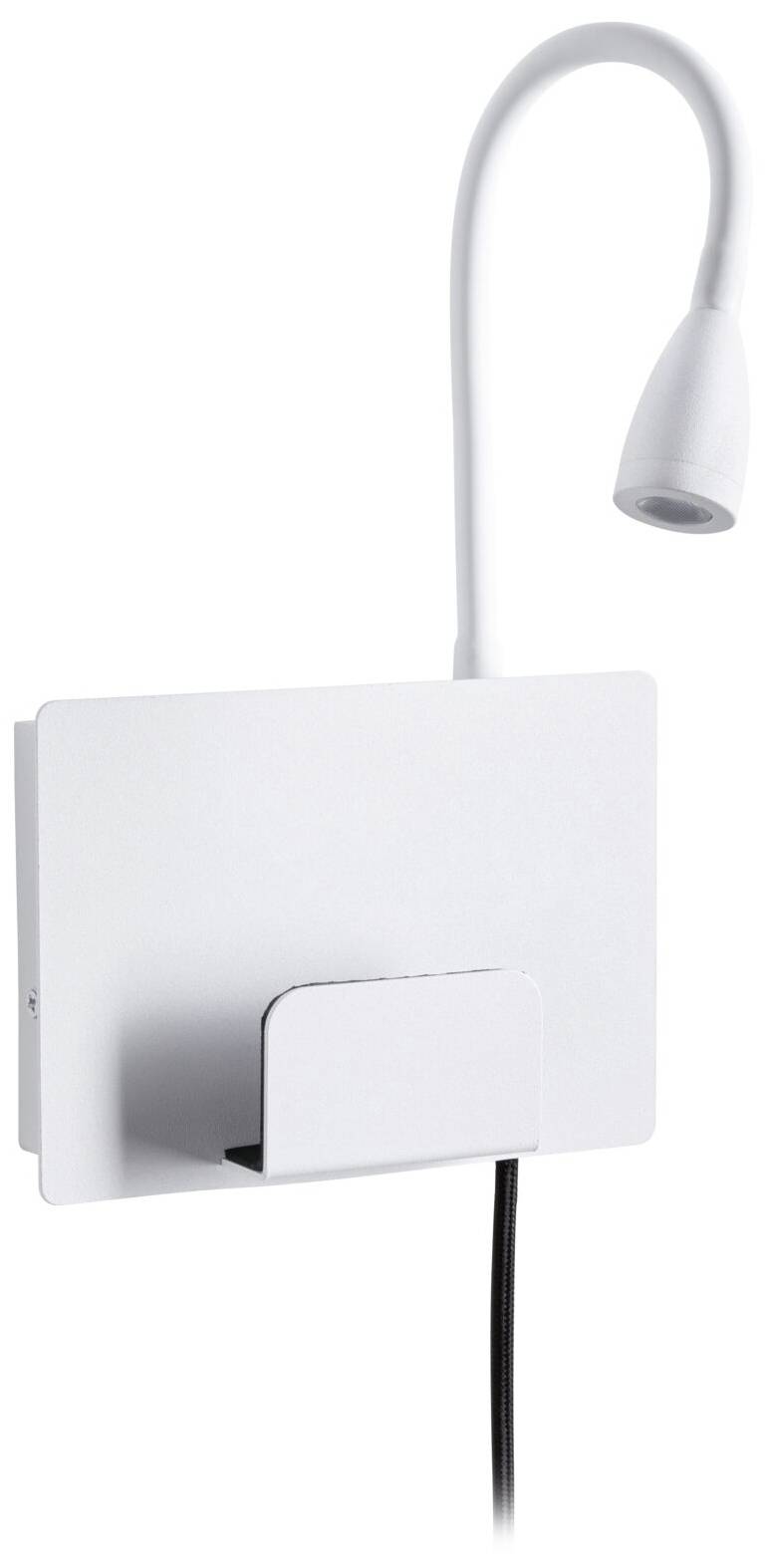 Vit vägglampa med flexibel hals och integrerad mobilhållare. Passar perfekt för belysning vid säng eller sittplats.