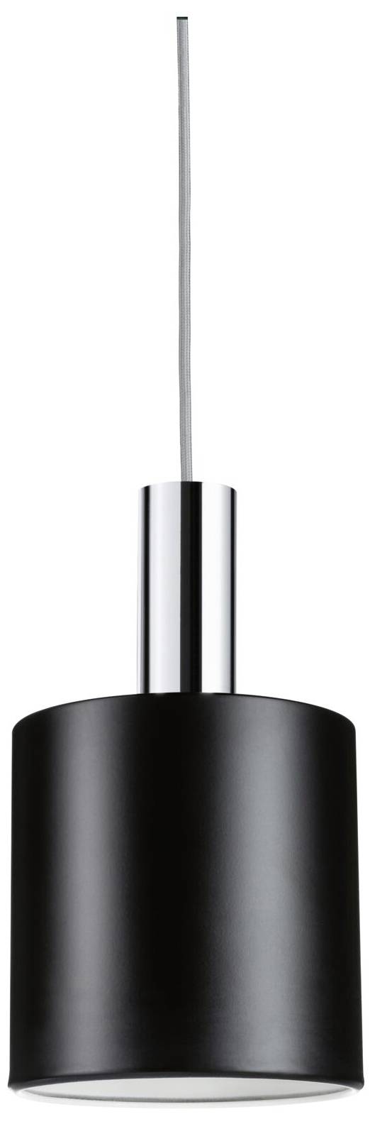 Svart taklampa med cylindrisk skärm och silverfärgad upphängning, lämplig för moderna interiörer.