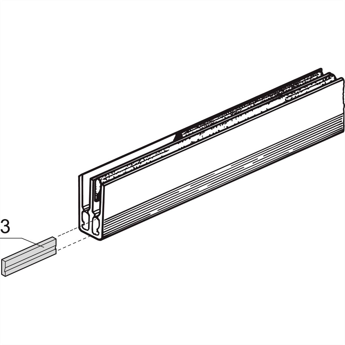 Teknisk ritning av en rektangulär metallprofil med tvärgående delningsstycke, numrerad '3', visar profilvy och detaljer.