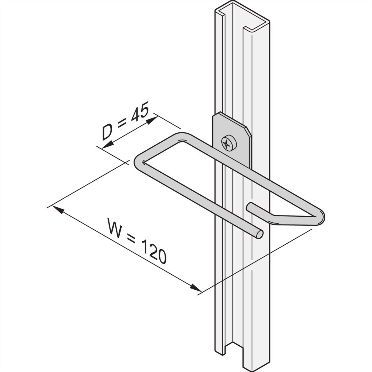 Teknisk ritning av ett fästelement. Mått: 'D = 45', 'W = 120'. Visar de relativa positionerna och dimensionerna för delarna.