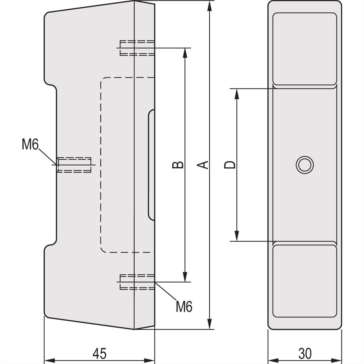 Teknisk ritning av en komponent med M6-hål och dimensioner i millimeter: bredd 45, höjd 30, markering av områdena A, B och D.