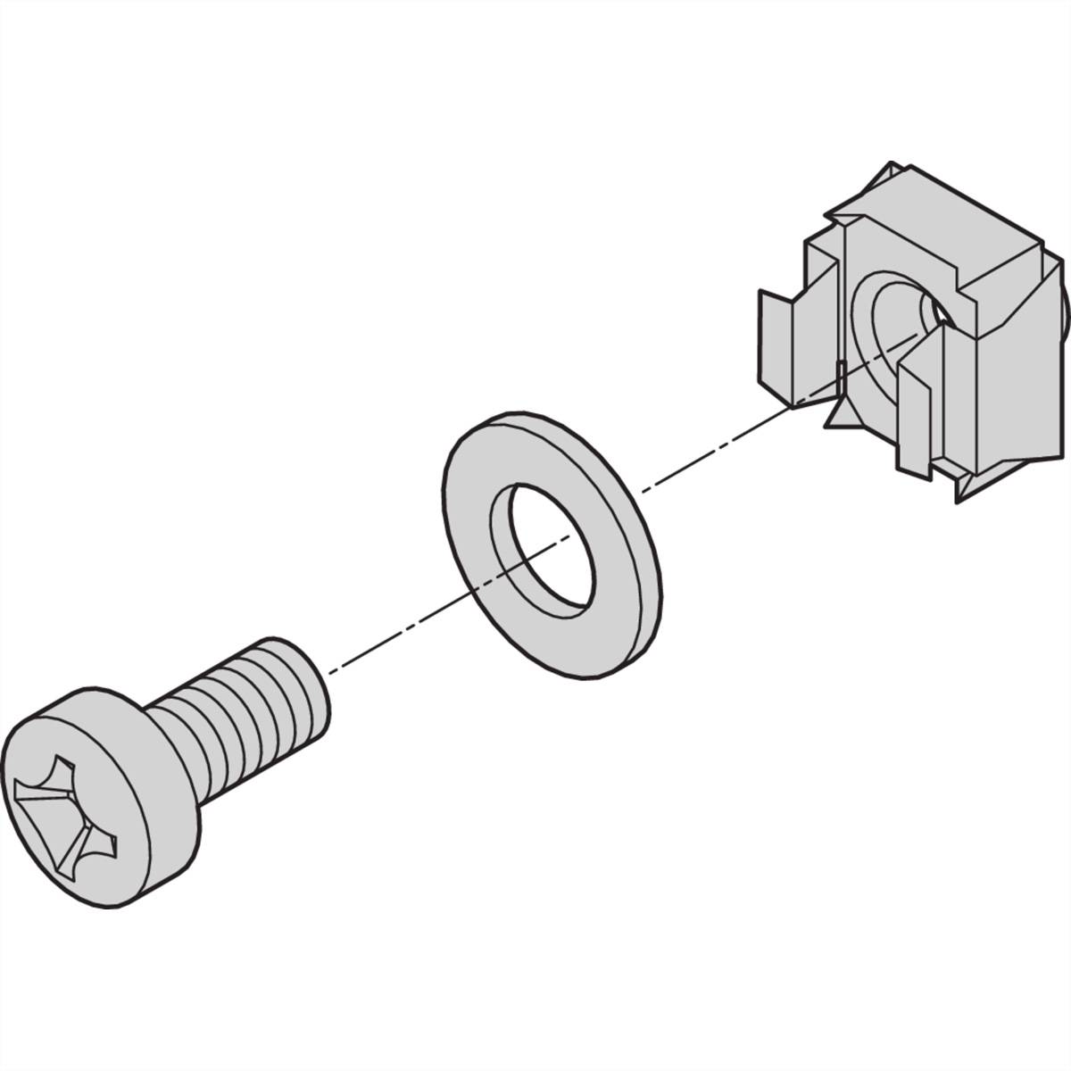 Explosionsritning av ett kryssfalsad skruvset med skruv, bricka och ett fäste.