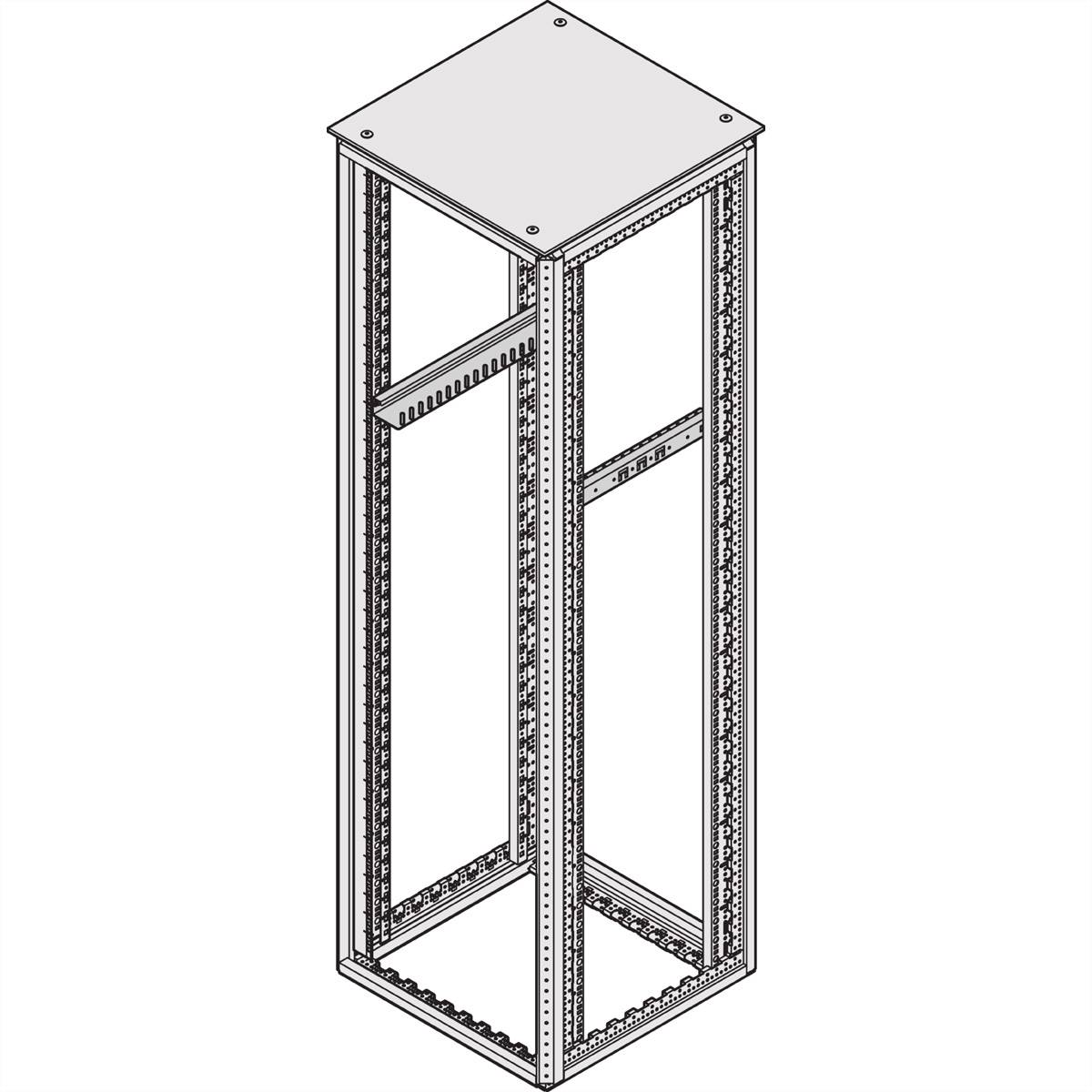 En rektangulär metallram med öppna sidor, lämplig för montering av servrar eller annan IT-utrustning i ett datacenter.