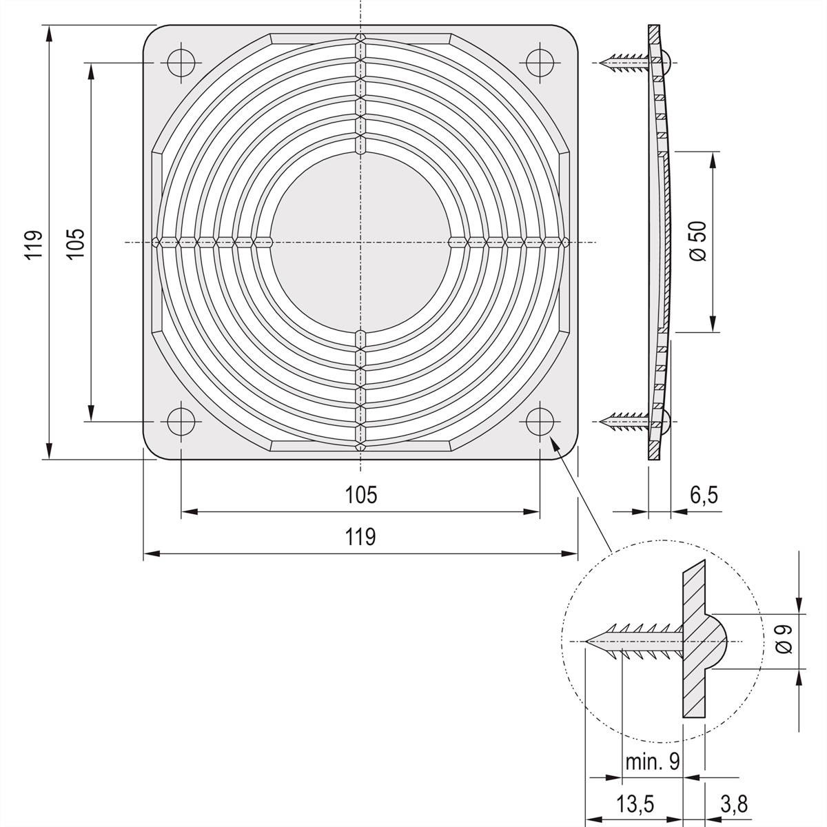 Teknisk ritning av en kvadratisk fläkt med dimensioner 119x119 mm. Sidovy visar en tjocklek på 6,5 mm. Detaljutsnitt visar materialets tjocklek på 9 mm.