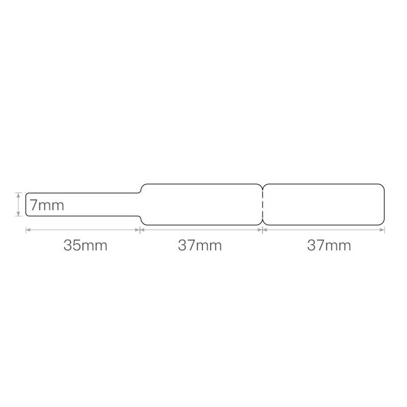 Diagram över ett platt metallblad: Vänster 35 mm L, 7 mm B; Mittendel 37 mm L; Höger 37 mm L. Mått markerar höjden.