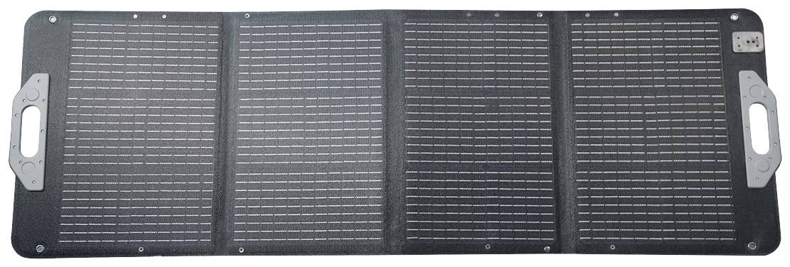 Ett vikbart solpanel med fyra segment. Det har handtag på sidorna för att underlätta transport. Perfekt för mobil laddning.