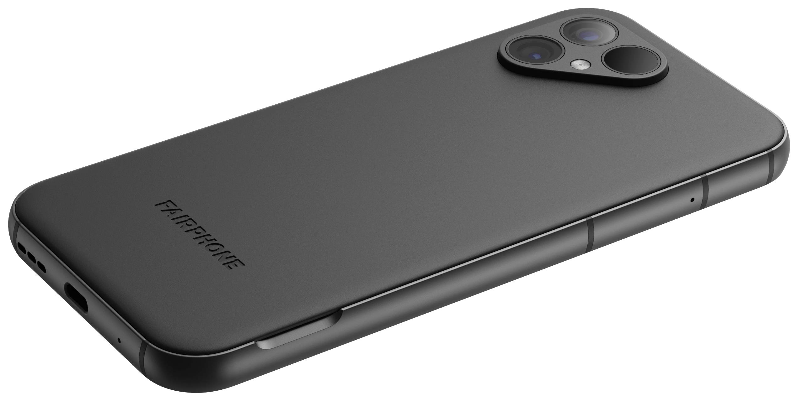 En modern smartphone med två kameralinser på baksidan. Den har ett tunt svart hölje och bär varumärkesnamnet.