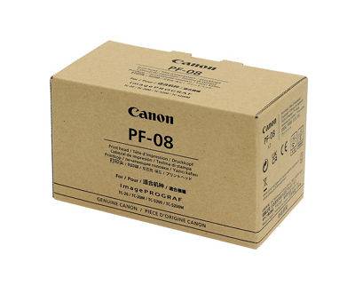 Kartongförpackning märkt 'Canon PF-08' för ImagePROGRAF-skrivarhuvuden.