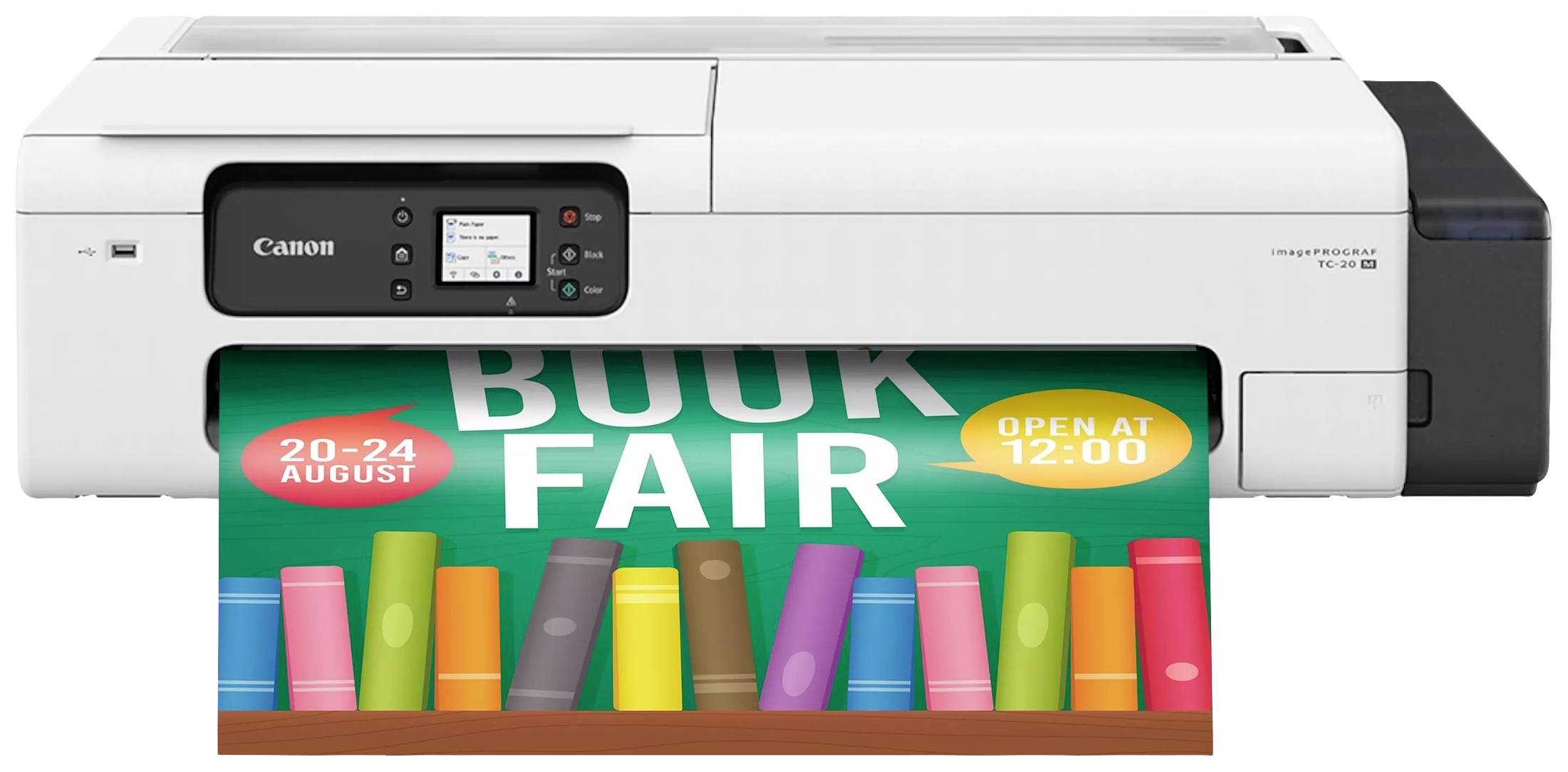 En skrivare skriver ut en affisch med texten 'Book Fair', tillsammans med grafiska böcker. Datum: 20–24 augusti, öppet från 12:00.