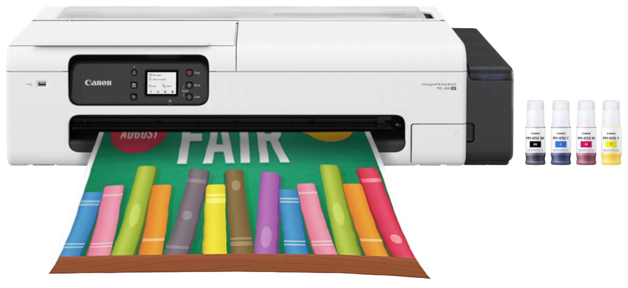 En skrivare skriver ut en färgglad affisch med flera bokhyllor. Bredvid till höger står flaskor med skrivarmärkta i olika färger.