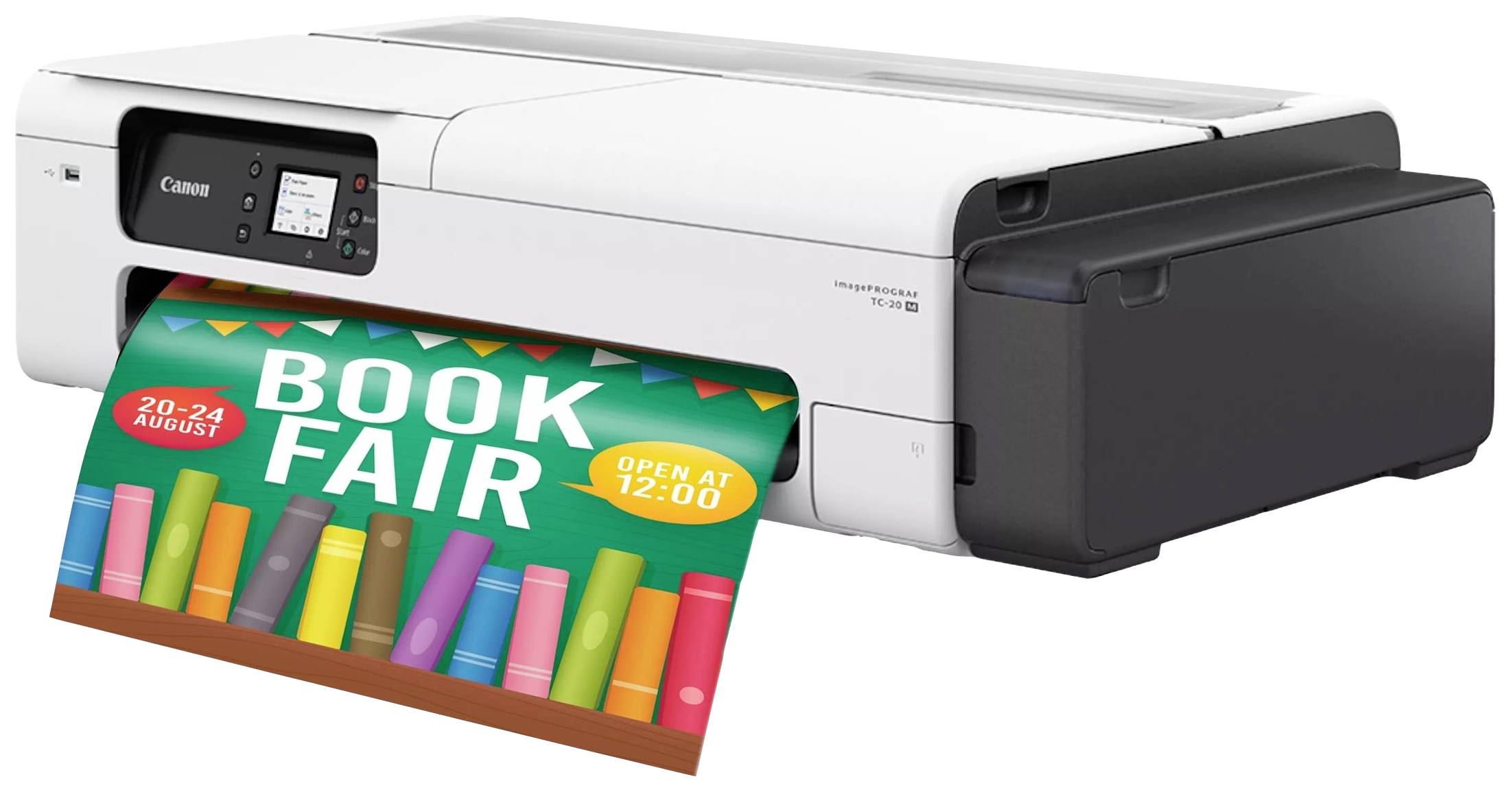 En skrivare matar ut en färgglad affisch med texten 'Book Fair', som visar bokhyllor och datumet 20-24 augusti.