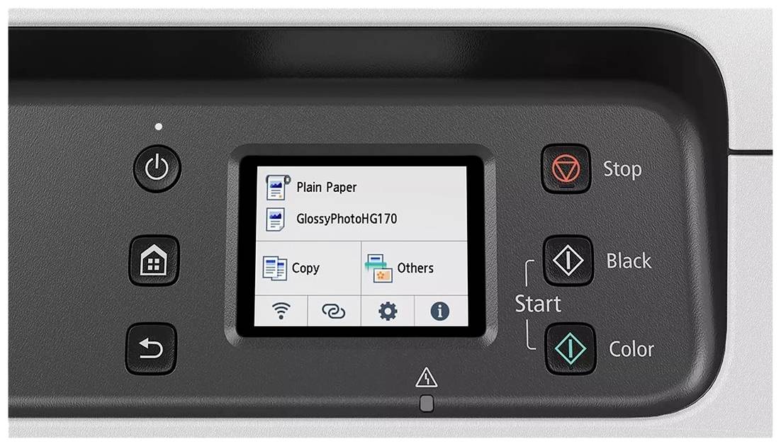 En skrivares kontrollpanel med display som visar 'Plain Paper' och 'GlossyPhotoHGI70'. Knappar för 'Stop', 'Start', 'Kopiera', 'Svart', 'Färg'.