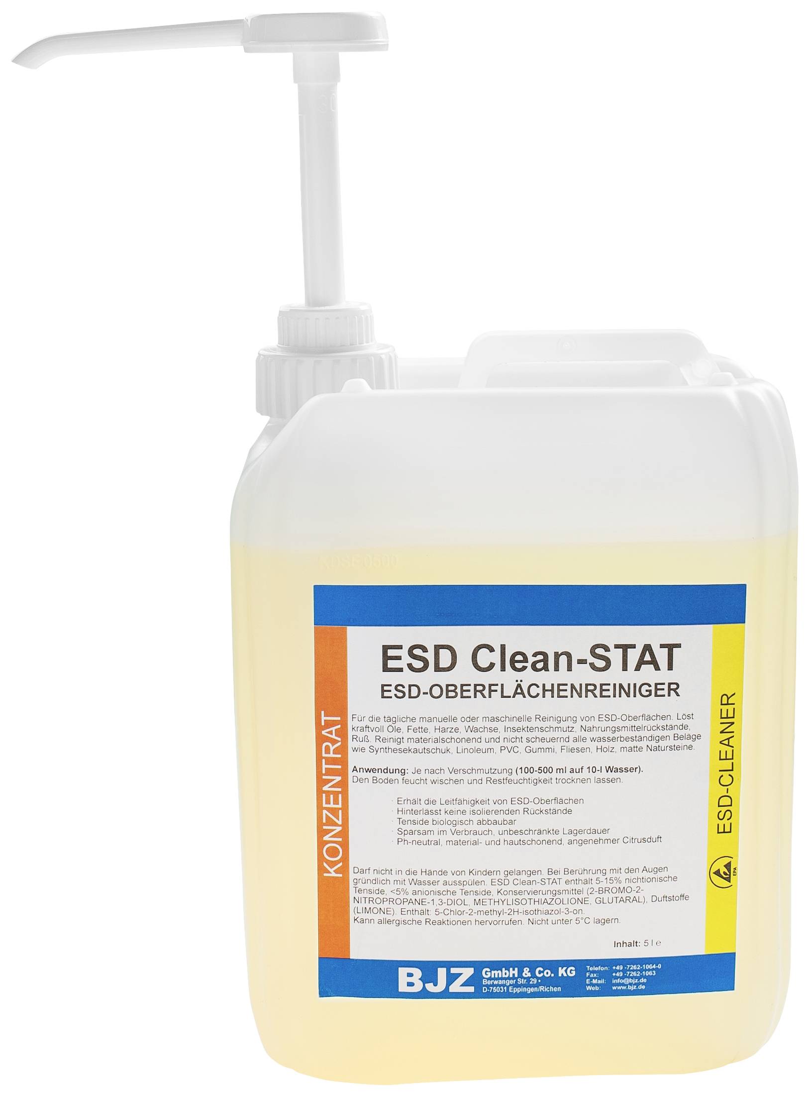 En dunk med vätska, märkt 'ESD Clean-STAT ESD ytrenare'. Innehåller 5 liter.