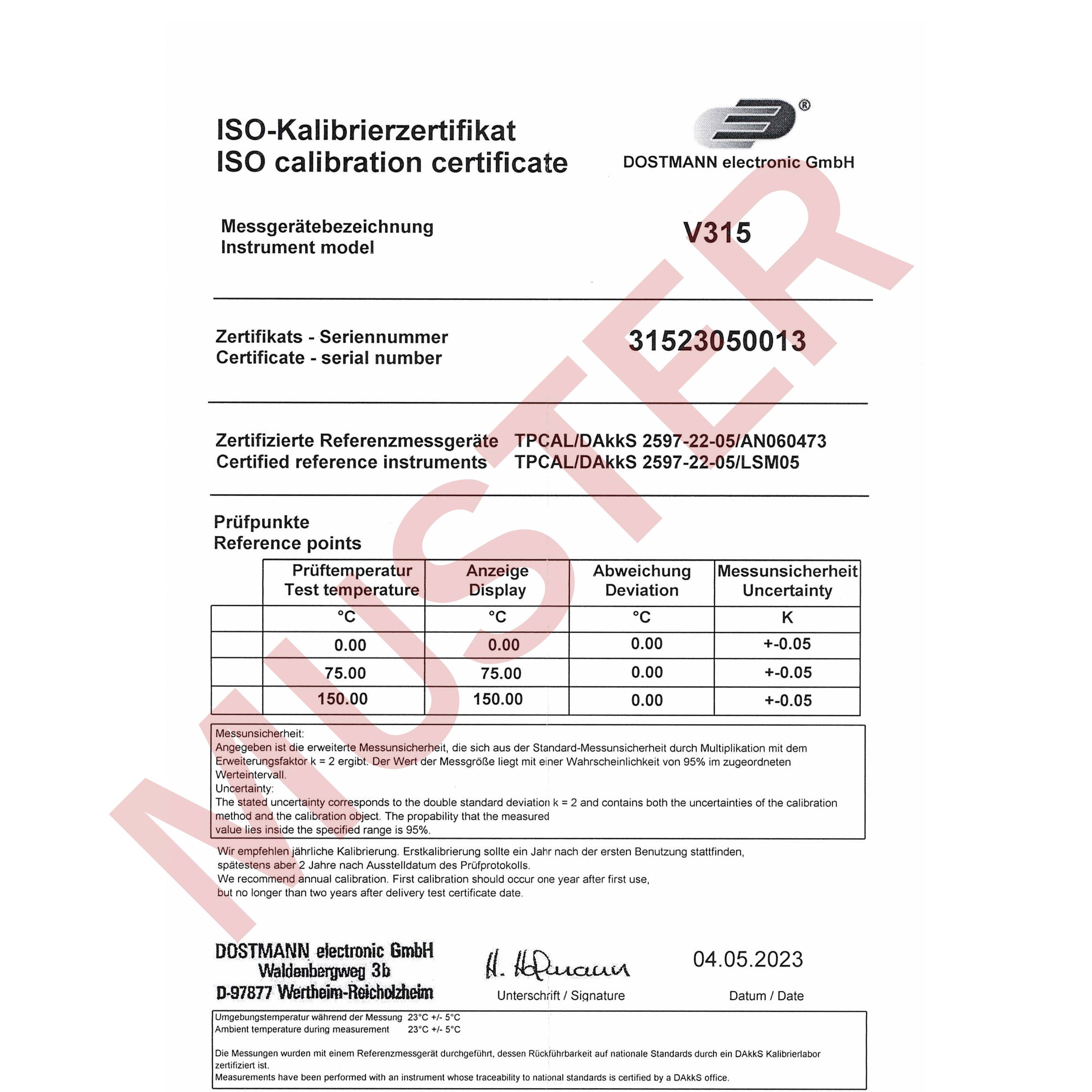 ISO-kalibreringsbevis med mätinstrumentsbeteckning, serienummer 31523050013, och kontrollpunkter med uppmätta värden och osäkerhetsuppgifter. Utfärdat den 04.05.2023.