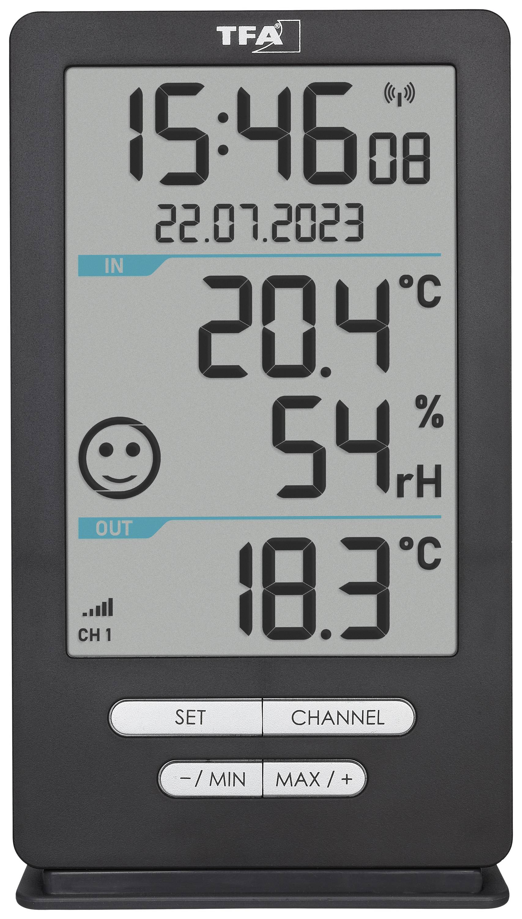 Digitalt termometer med display: Tid 15:46, Datum 22.07.2023, Inomhustemperatur 20,4°C, Luftfuktighet 54%, Utomhustemperatur 18,3°C.
