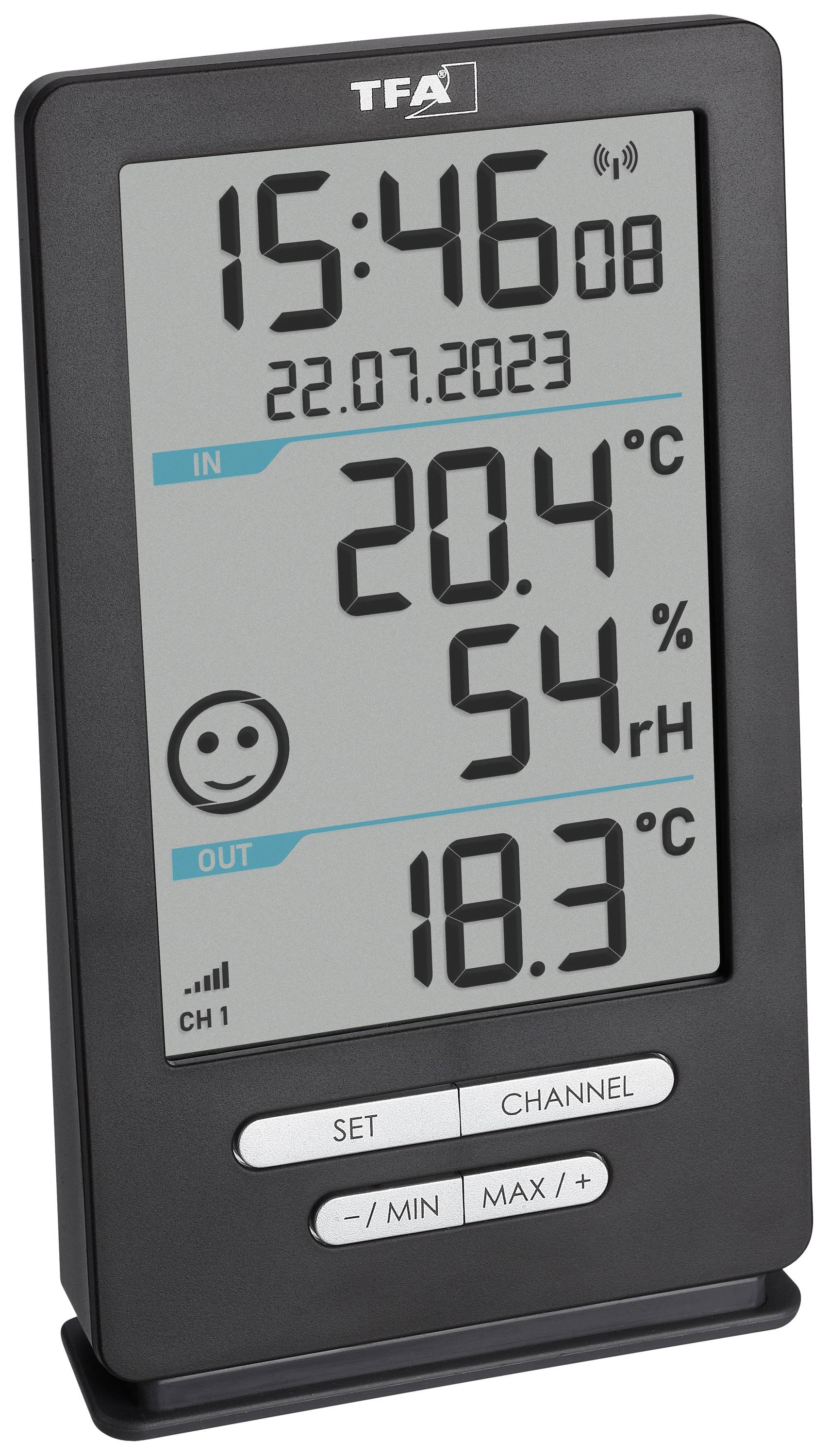 Digitalt termo-hygrometer med inomhus-/utomhustemperaturvisning. Inomhustemperatur 20,4°C, luftfuktighet 54% rH, utomhustemperatur 18,3°C. Tid 15:46, datum 22.07.2023.