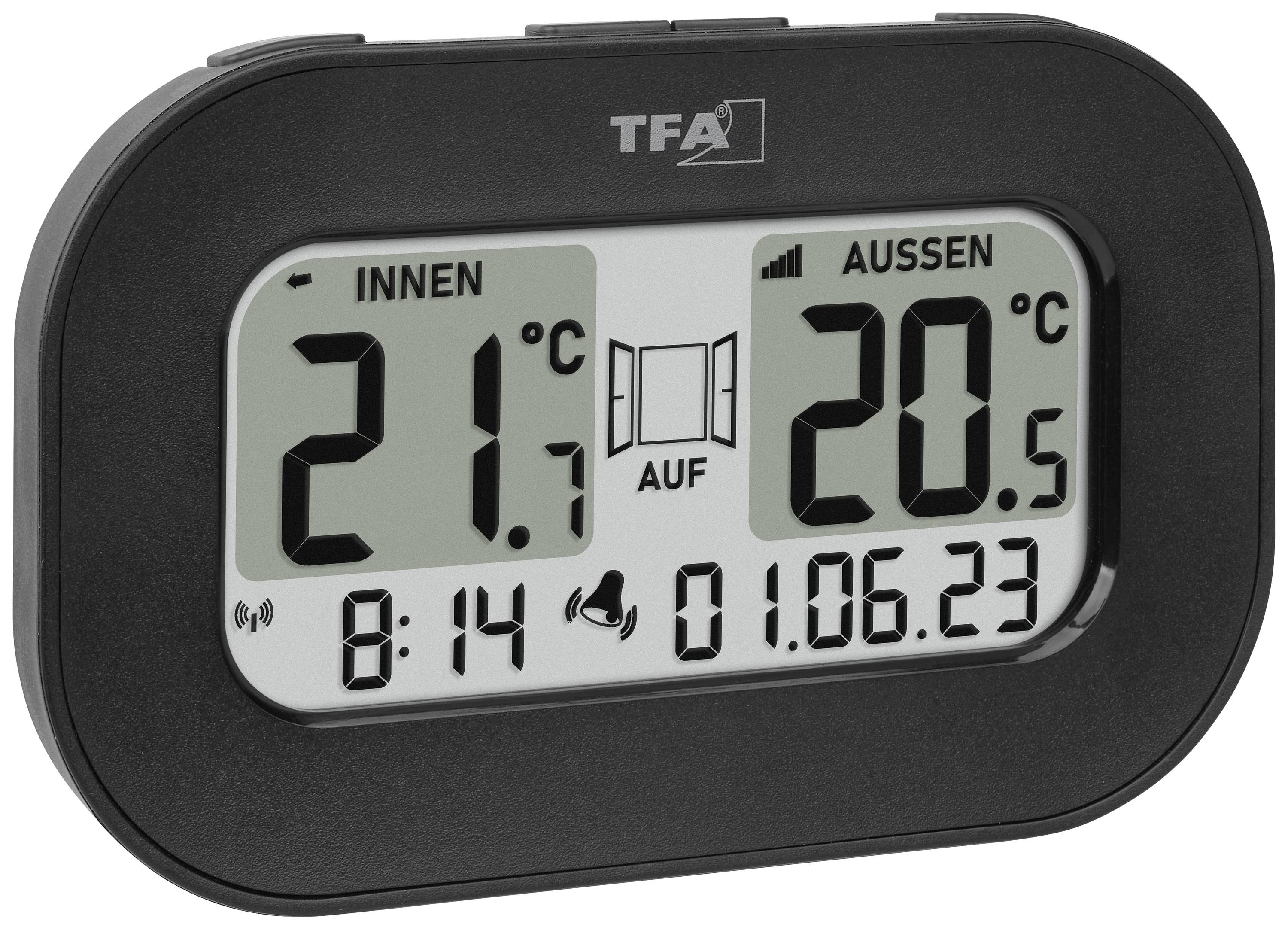 Digital klocka visar inom- och utomhustemperaturen. Vänster 'Inomhus' 21,3°C, höger 'Utomhus' 20,5°C. Datum 01.06.23, tid 8:14.