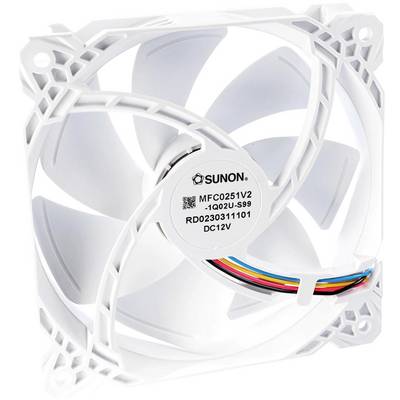 En vit kylningsfläkt med etikett som läser 'SUNON MFC0251V2'. Mångfärgade trådar sträcker sig från centrum, utformade för elektronisk kylning.