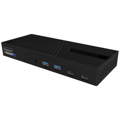 En svart USB-dockningsstation med flera anslutningar, inklusive USB-A- och USB-C-portar, lämplig för datoranslutningar.