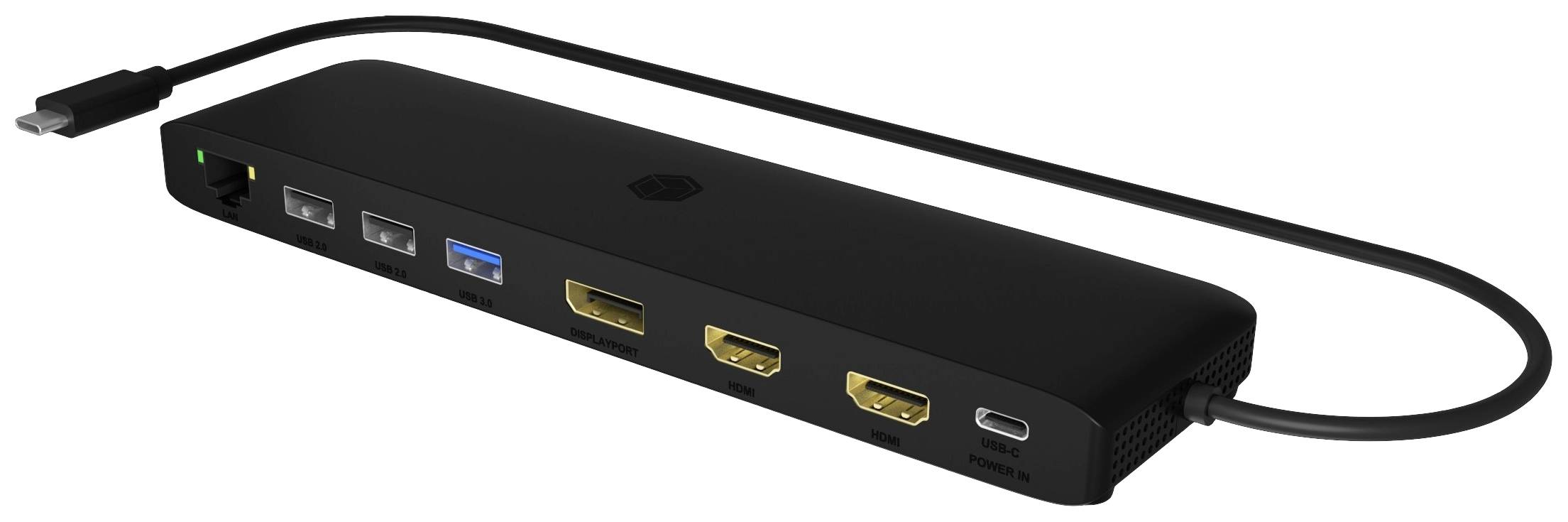 Svart USB-C-dockningsstation med flera anslutningar: Ethernet, USB-A och -C, HDMI och DisplayPort.