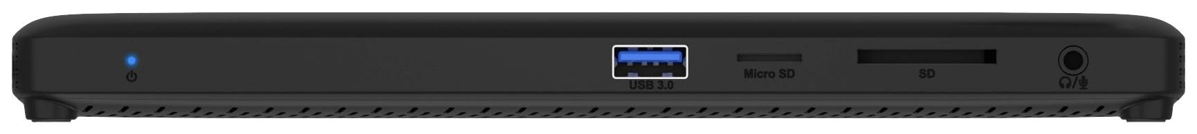 Bilden visar baksidan av en svart laptop med anslutningar: USB, mikrofon, SD-kortläsare och ljuduttag.