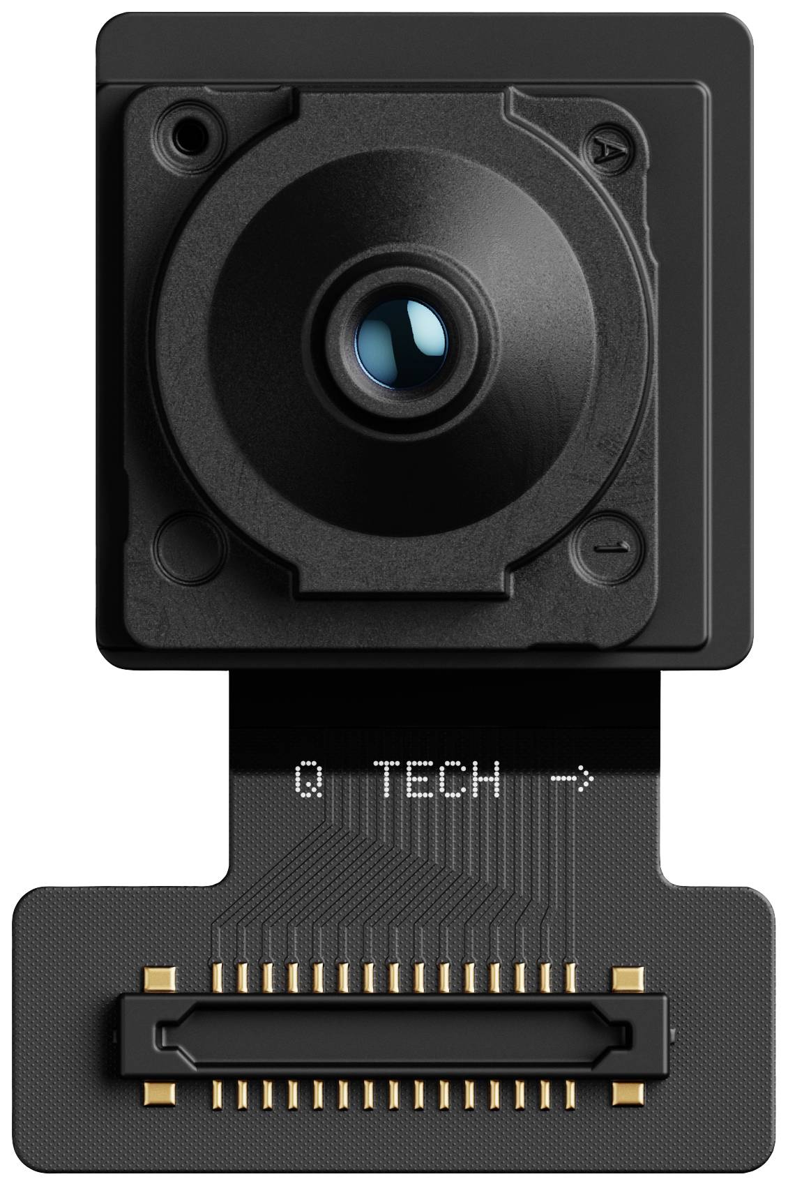 En närbild av en liten, fyrkantig kameraenhet med lins och elektronisk anslutning nedtill, märkt med 'Q TECH'.
