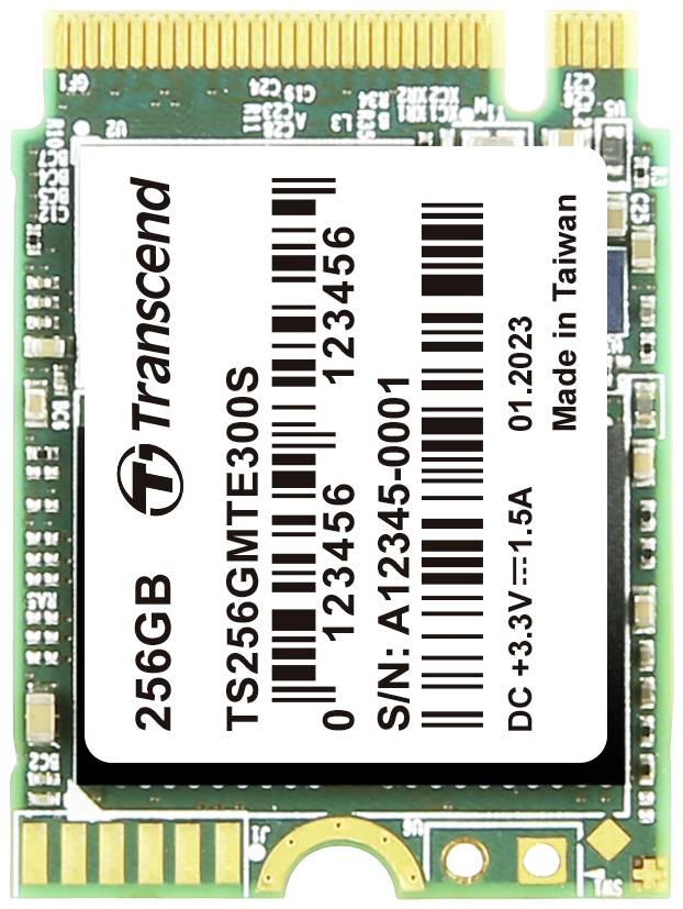 256 GB Transcend SSD med modellnummer TS256GMTE300S, serienummer A12345-0001, tillverkad i Taiwan, driftsspänning DC +3,3V~1,5A.