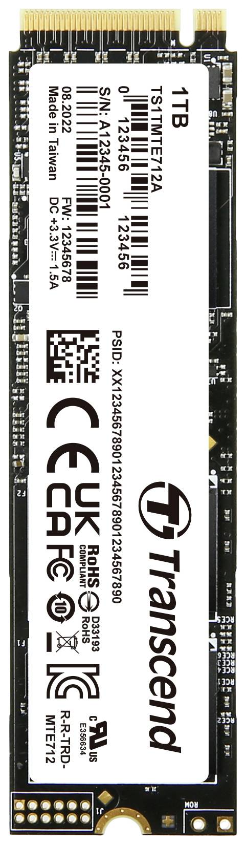 'Transcend' NVMe SSD med 1 TB kapacitet; Modell TS1TMTE12A. Visar tekniska specifikationer och serienummer på en vit etikett.