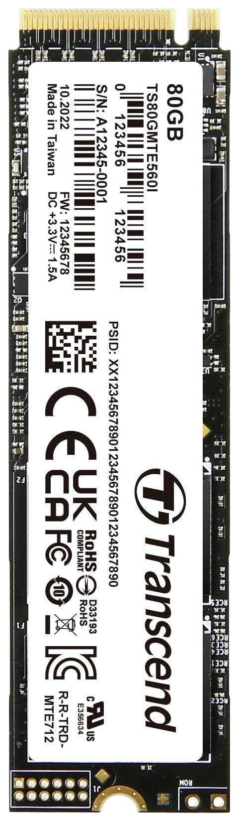 Foto av en Transcend 8GB SSD, modell TS480GJ7TE650I, med olika godkännandelogotyper och serienummer på vit bakgrund.