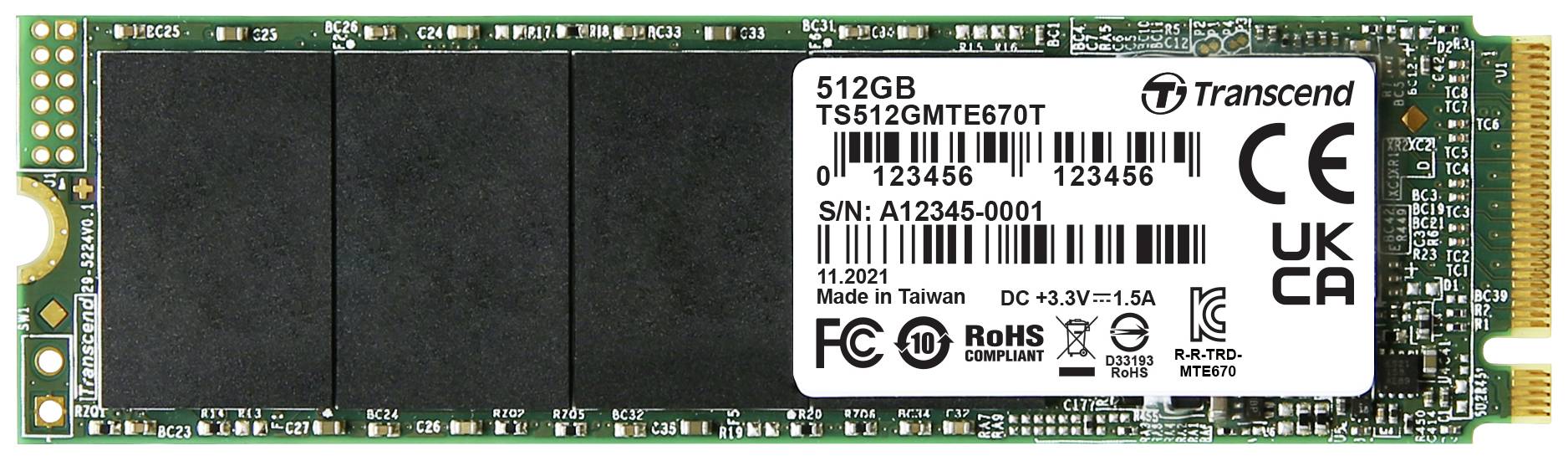 En Transcend SSD-modul med en kapacitet på 512 GB. Modell: TS512GMTE670T. Certifieringar och serienummer är tryckta.