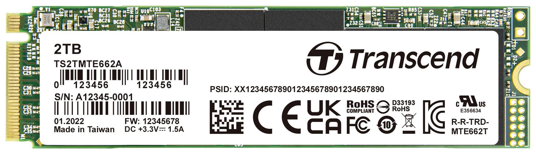 En Transcend SSD på 2 TB, modell TS2TMTE662A. Tryckt på den är serienummer, tillverkningsdatum, säkerhetscertifikat och logotyper.