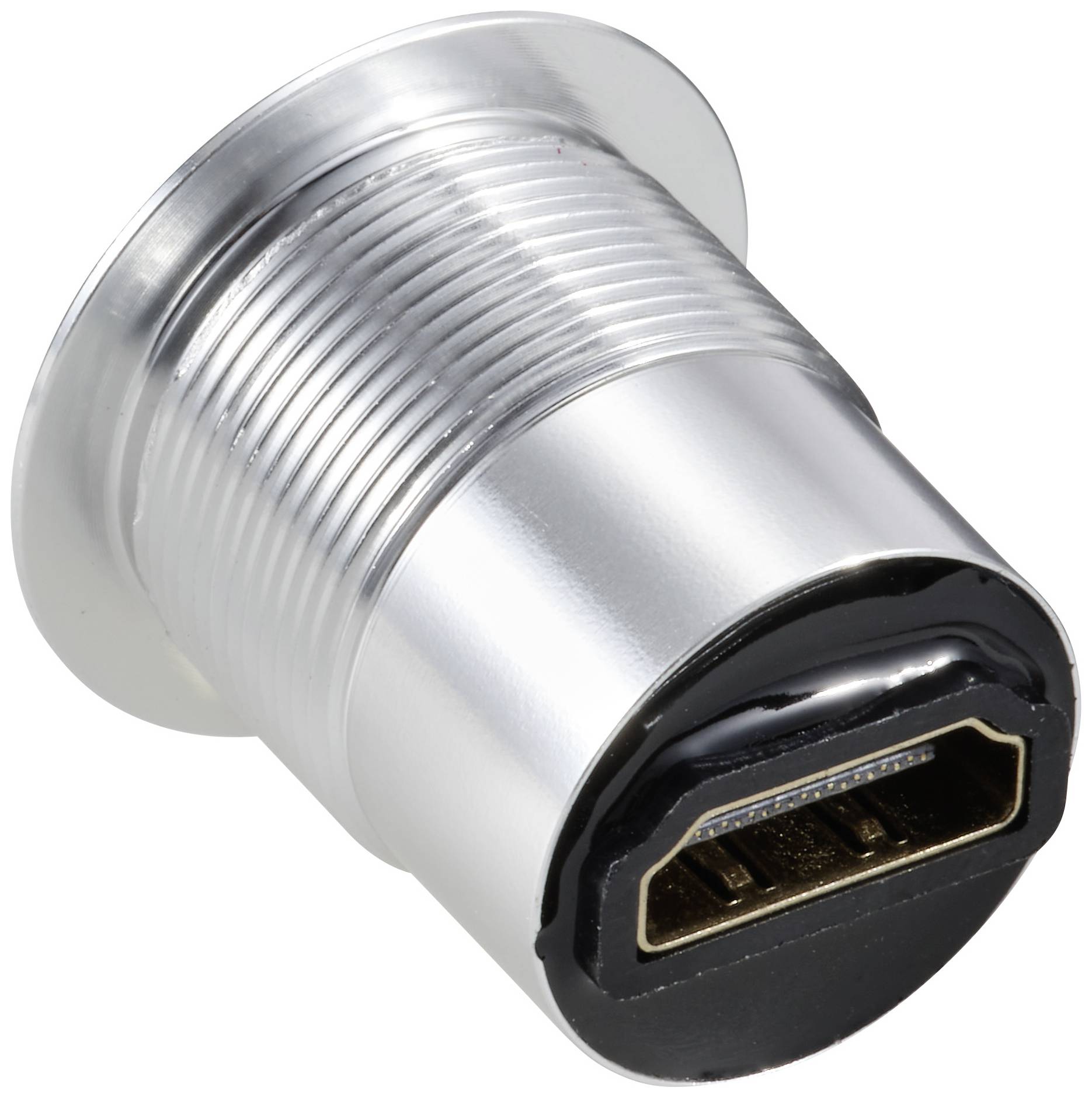 En silverfärgad HDMI-anslutning i cylindrisk design, lämplig för installation i enheter eller väggplattor, för audio- och videosignaler.