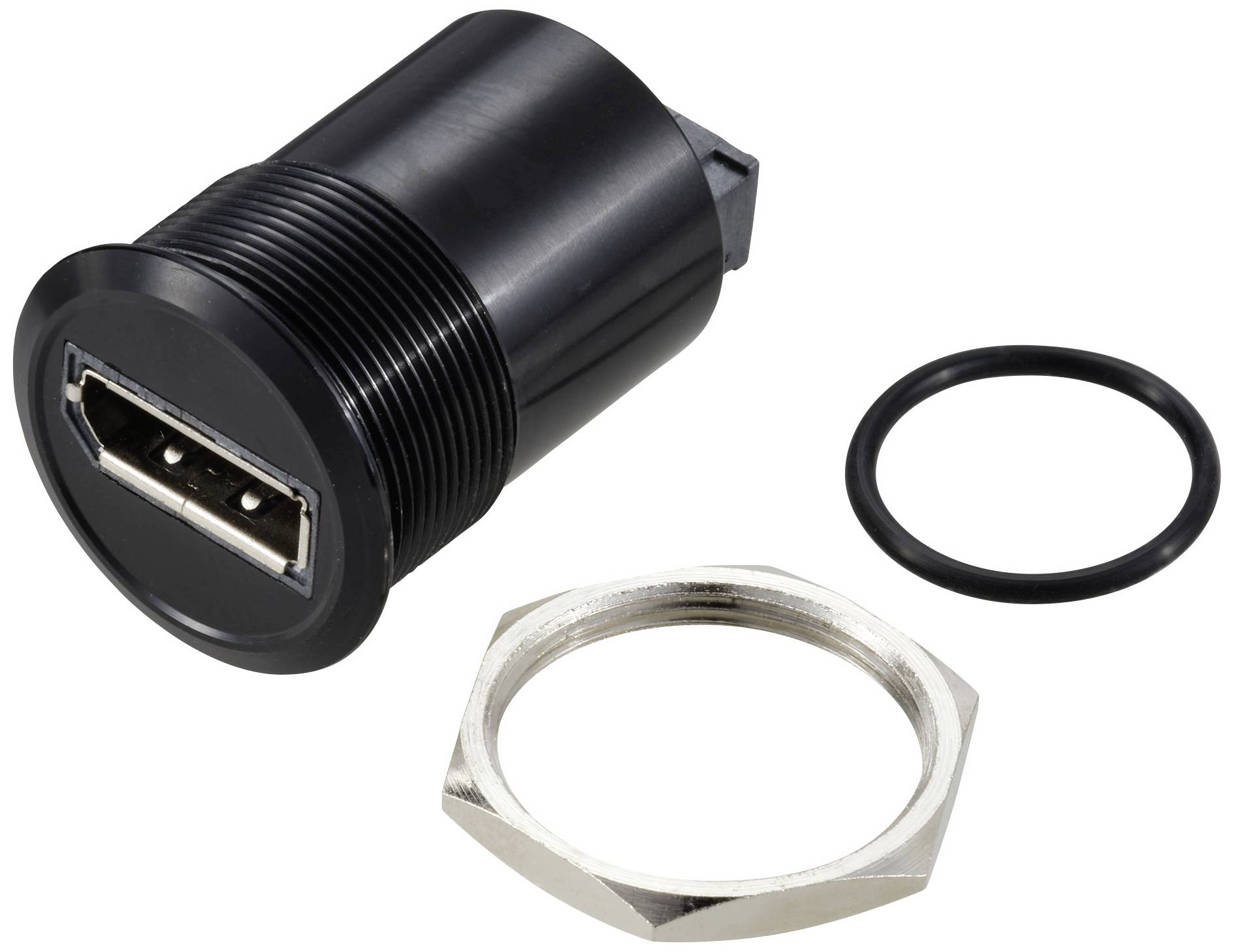 En svart USB-anslutningsadapter med en O-ring och en fastsättbar sexkantmutter.