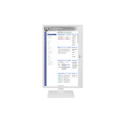 En vit datorskärm visar en mjukvarudashboard med meny, tabeller och textfält. Längst upp står 'LG Cloud Device'.