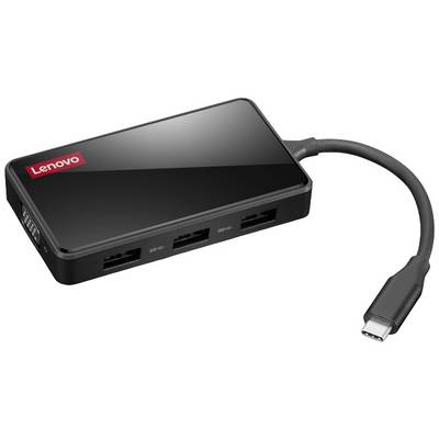 Svart Lenovo USB-C-hubb med fyra portar och en kort kabel för anslutning. Perfekt för att utöka dina anslutningsmöjligheter.