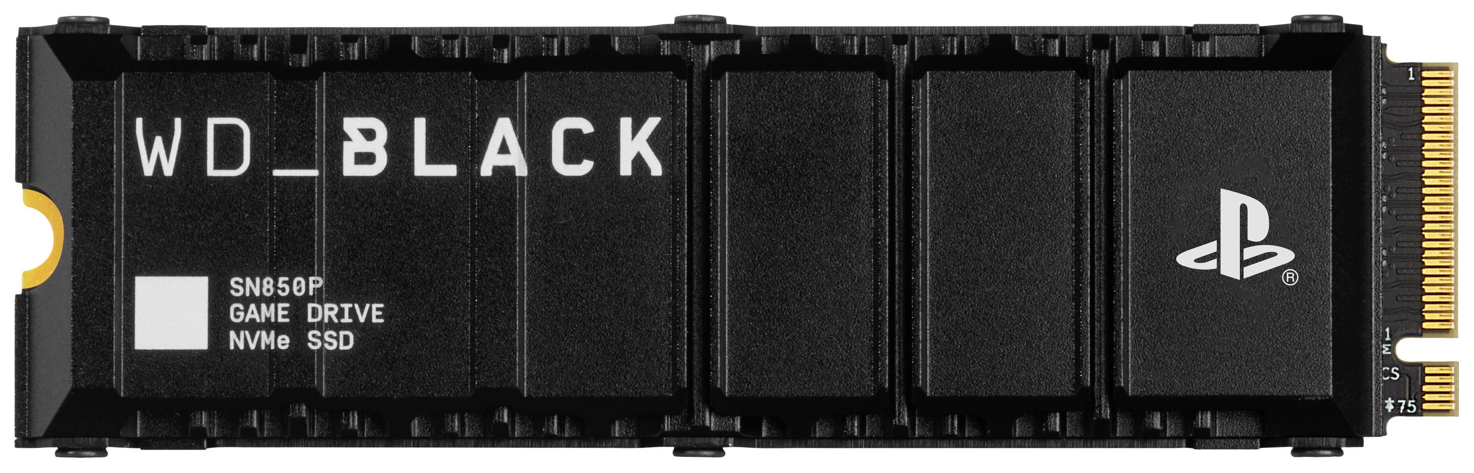 'Närbild av en WD_BLACK SN850P Game Drive NVMe SSD med PlayStation-logotyp, lämplig för gaming och lagringsutökning.'