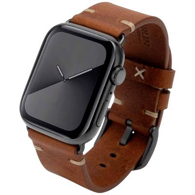 En smartwatch med ett brunt läderarmband och svart boett. Displayen visar analoga visare utan ytterligare detaljer.