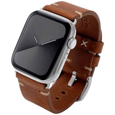 En smartwatch med rektangulärt displej och ett brunt läderarmband visas i sidoprofil.