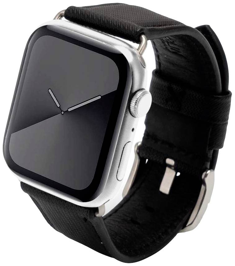 En smartwatch med ett silverfärgat hölje och ett svart armband visar en analog urtavla med två visare utan ytterligare detaljer.