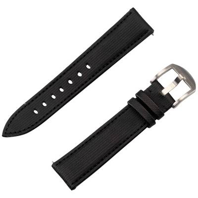 Svart läderarmband för klocka, bestående av två delar, med silverspänne och flera hål för storleksjustering.