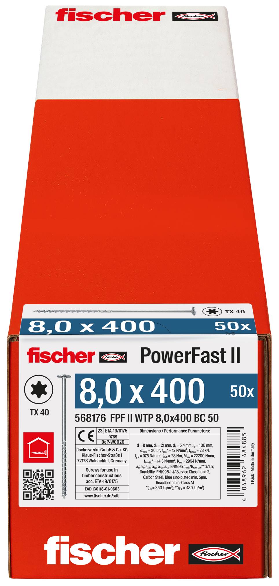 # fischer PowerFast II skruvlåda märkt '8.0 x 400' och '50x', visar ett röd-och-vitt paket med produktdetaljer och streckkod.
