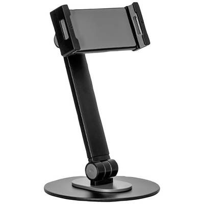 En svart smartphonehållare med justerbar arm och rund bas, lämplig för placering och fasthållning av en smartphone.