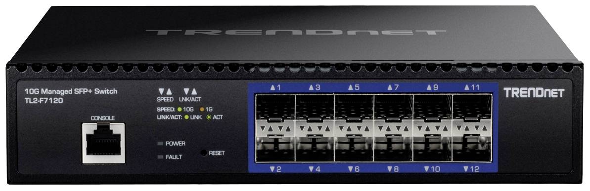 En svart 10G-hanterad SFP+ switch från TRENDnet med 8 portar, modell TEG-7080ES, för höghastighetsnätverksanslutningar.