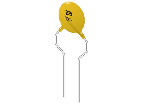 En gul varistor med påskriften 'R005' och en symbol ovanpå. Den har två böjda metallben.