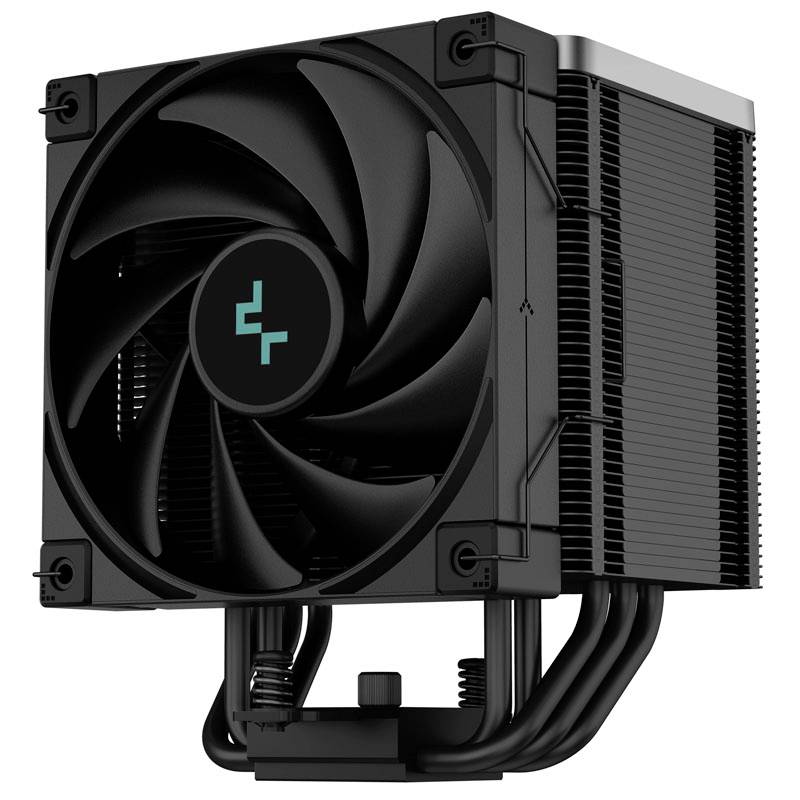 Svart CPU-kylare med stor fläkt och flera kylflänsar. Lämplig för användning i datorer för värmeavledning.