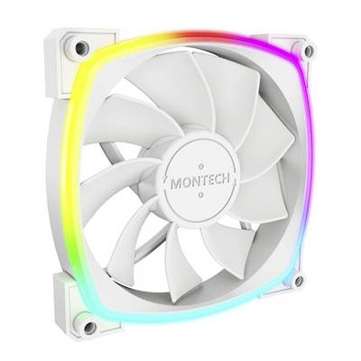 En vit datorfläkt med RGB-LED:er längs kanterna som lyser i färger från gult till rosa. Logotypen 'MONTECH' är synlig i mitten.