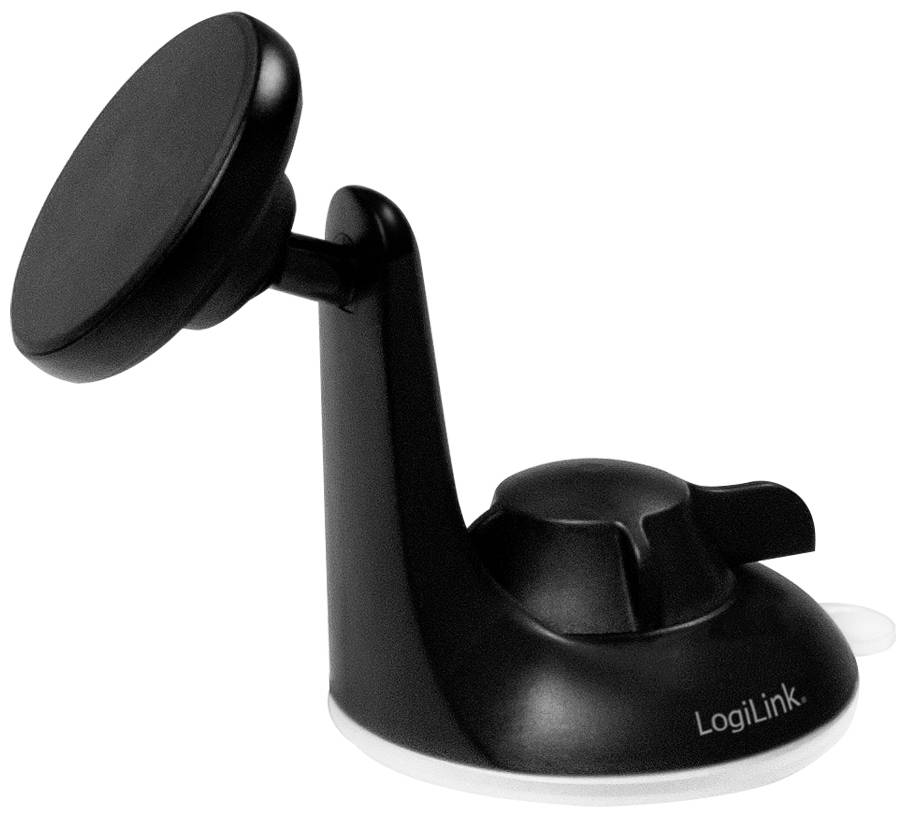 Svart magnetisk bilhållare för smartphones med flexibel fot på vit bakgrund. Varumärke 'LogiLink'.
