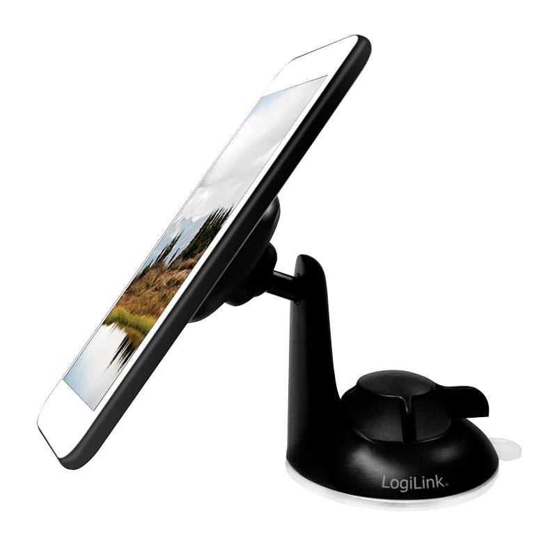 Sidovy av ett bilhållare med en smartphone i, monterad på en instrumentbräda. Smartphonen visar ett landskap.